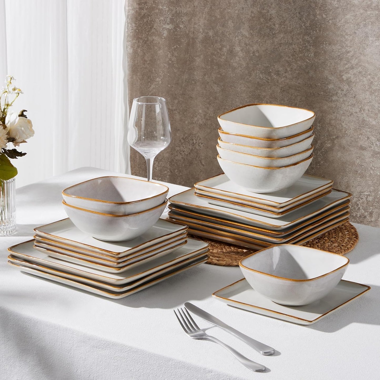 E-far Square plates and bowls Sets for 6, 18-Piece Reactive Glaze Stoneware Dinnerware Sets, Porcelain Dishware Sets for Kitchen Home, Microwave & Dishwasher Safe, Seashell White