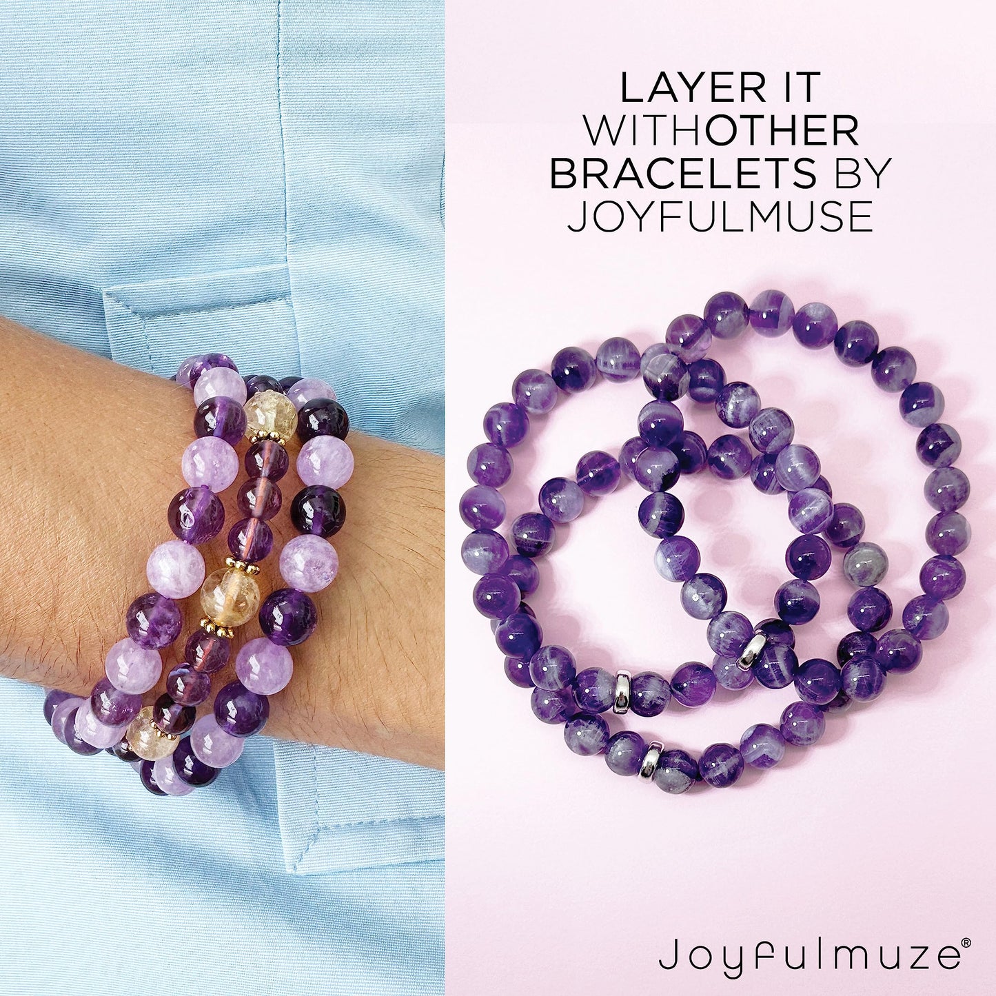 Joyfulmuze Genuine Dream Amethyst, Handmade Stackable Stretch Bracelet, Simple Natural Purple Quartz, Healing Chakra Bracelet, Gifts for Women, 17cm (Dream-Amethyst)