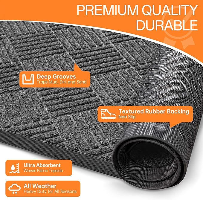 Indoor Outdoor Door Mat, 4’x 3' Doormat for Entryway, Rubber Backing Non Slip Front Door Mat Outside Entrance, Super Absorbent Commercial Floor Mat for Home Office, Gray