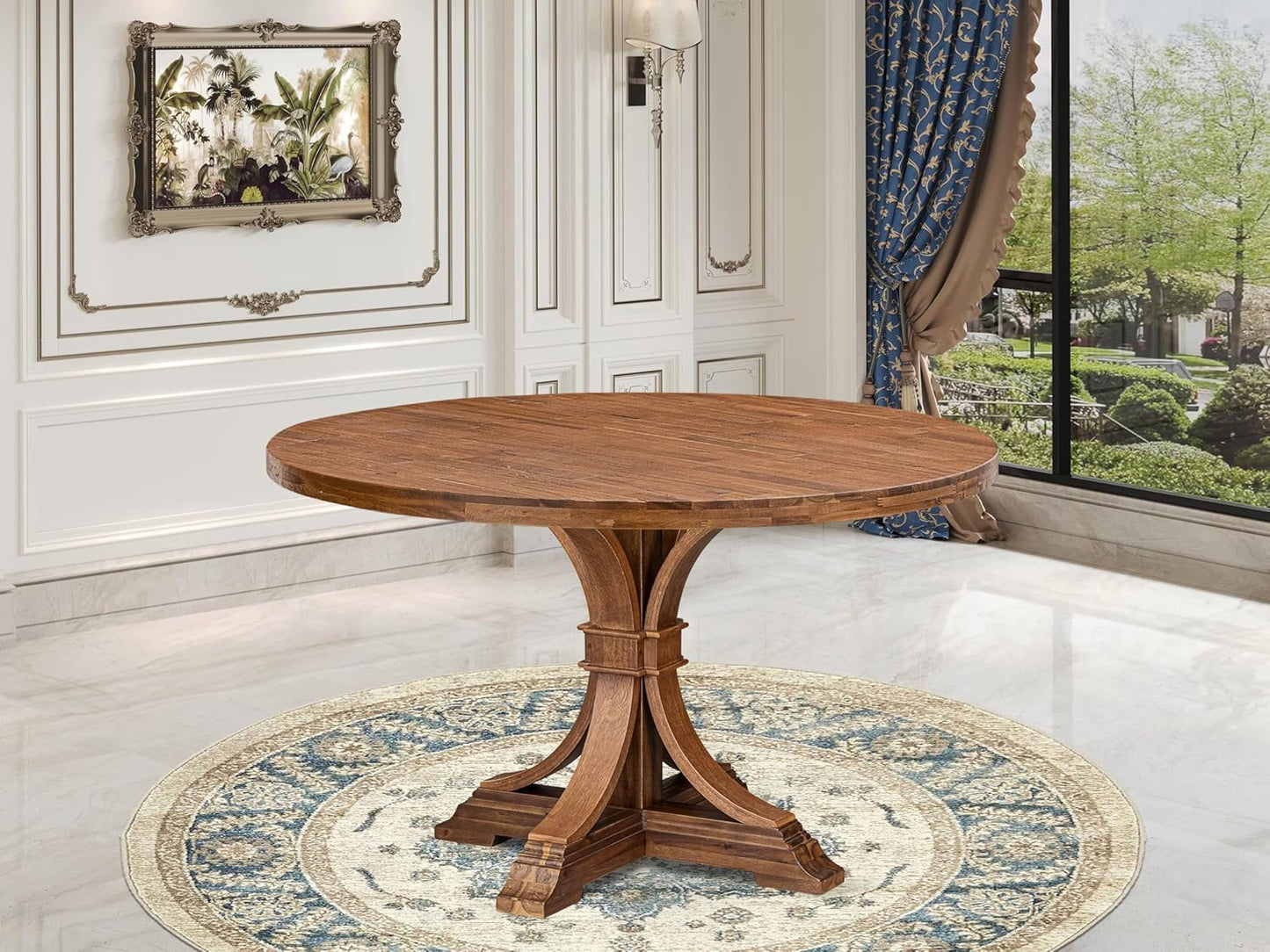 I57-0N-TP Breakfast Table with Acacia Wood Round Tabletop and Elegant Pedestal Base - Antique Walnut Finish