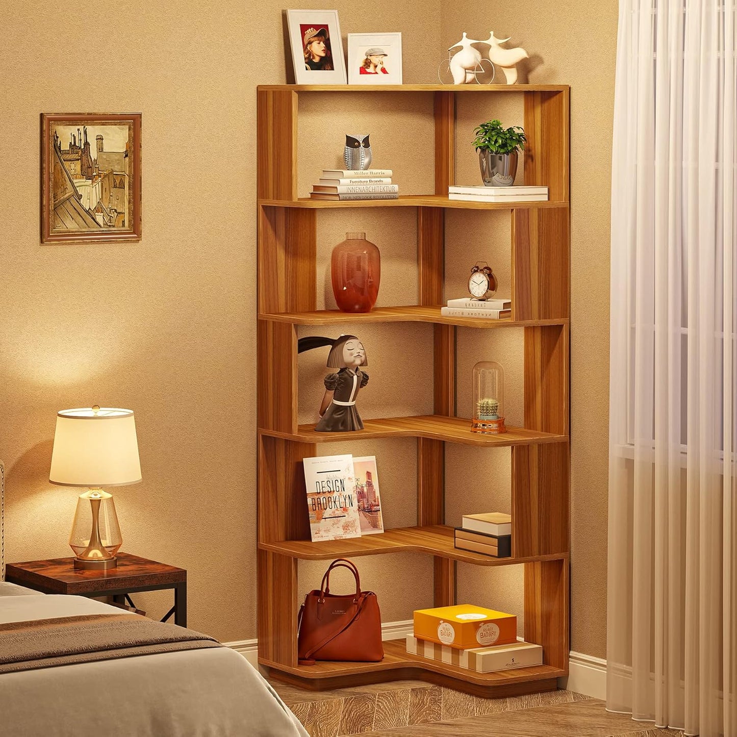 LITTLE TREE 6-Shelf Corner Bookshelf, 65” Tall L Shaped Bookcase, 6-Tier Industrial Corner Shelf Storage Display Rack for Living Room Home Office, Wood Grain Walnut