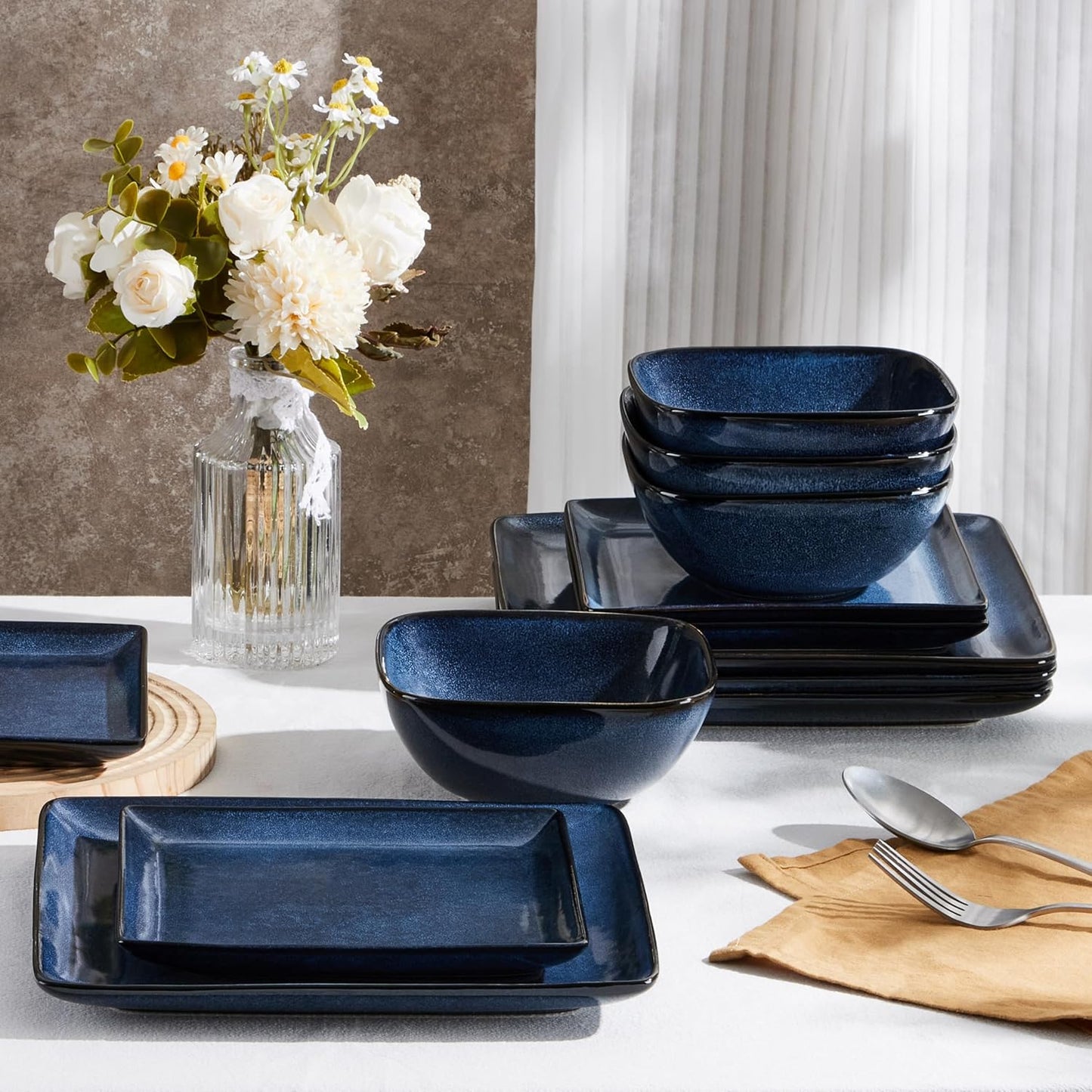 E-far Square Plates and Bowls Sets, 12-Piece Stoneware Dinnerware Sets for 4, Reactive Glaze Dish Set, Chip and Scratch Resistant, Microwave and Dishwasher Safe, Deep Sea Blue
