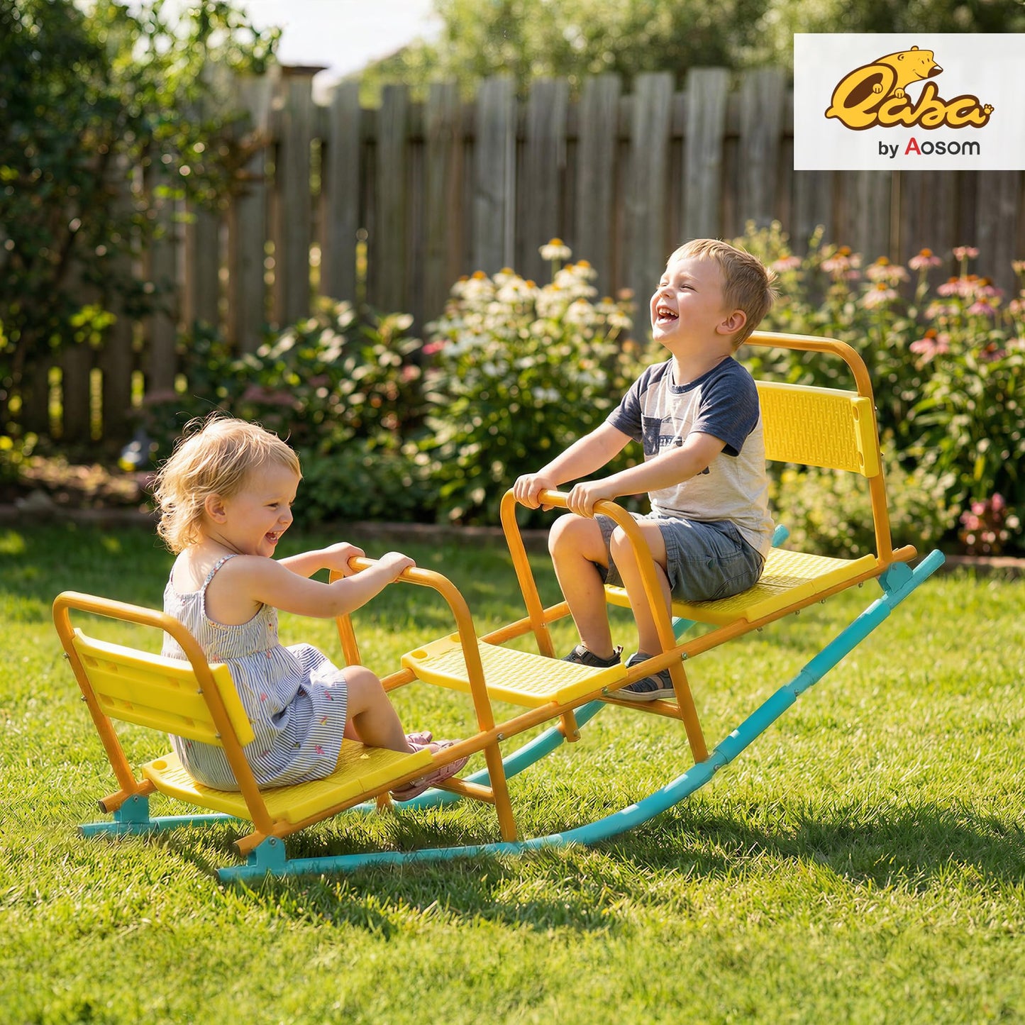 Qaba Teeter Totter Seesaw for Kids, 2 in 1 Metal Rocking Seesaw for Toddlers Age 3-8, 2 Seater Playground Equipment with Easy-Grip Handles for Backyard Indoor Outdoor, Yellow