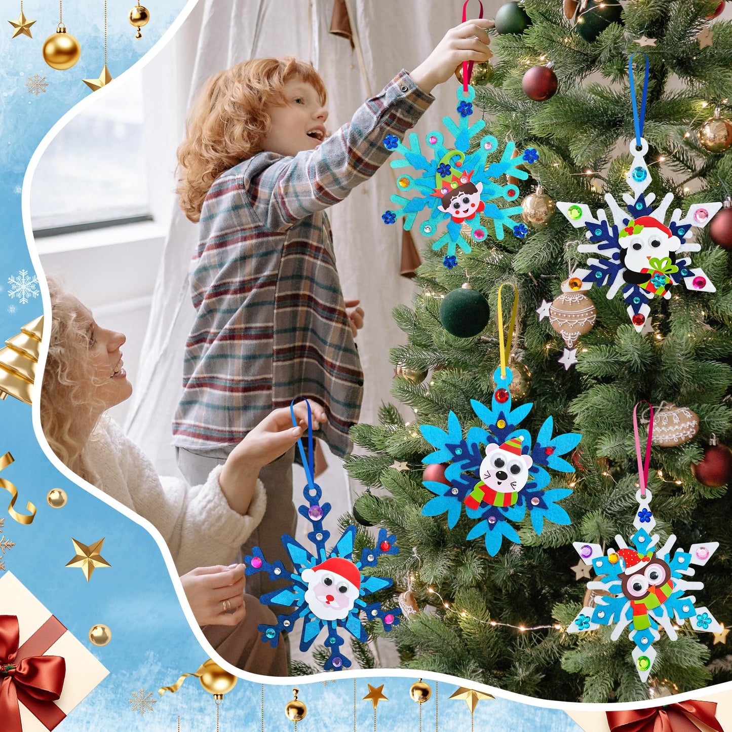Ruicnte 24 Sets Christmas Craft Art Kits for Kids,DIY Winter Snowflake Crafts with Penguin Snowman Santa Sticker for Christmas Tree Ornaments Decoration for Home Classroom Activities Favors