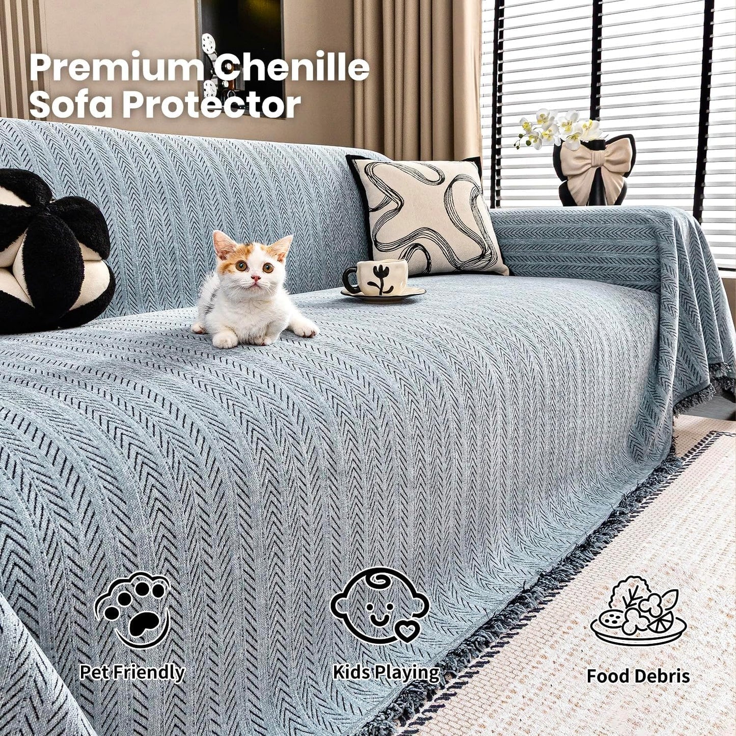 Nobildonna Sofa Cover Washable Soft Thicken Chenille Couch Cover with Tassel,Waterproof Sofa Slipcover for 2-3 Cushion Couch,Sectional Sofa,L-Shaped Furniture Protector Pet-Friendly,Dusty Blue71 x118
