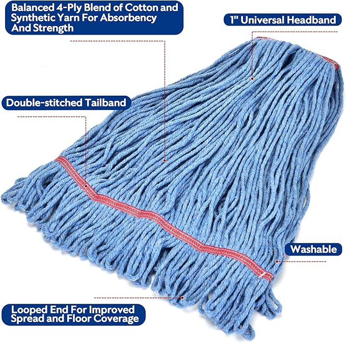 Matthew Cleaning 24oz Heavy Duty Mop Head Commercial Replacement for General and Floor Cleaning, Wet Industrial Blue Cotton Looped End String Head Refill (Pack of 6) Blue