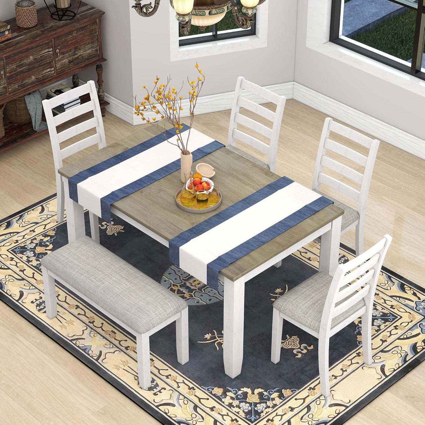 Merax 6-Piece Wooden Rectangular Dining Table Set with 4 Upholstered Chairs and Bench, Whitewash+Brown
