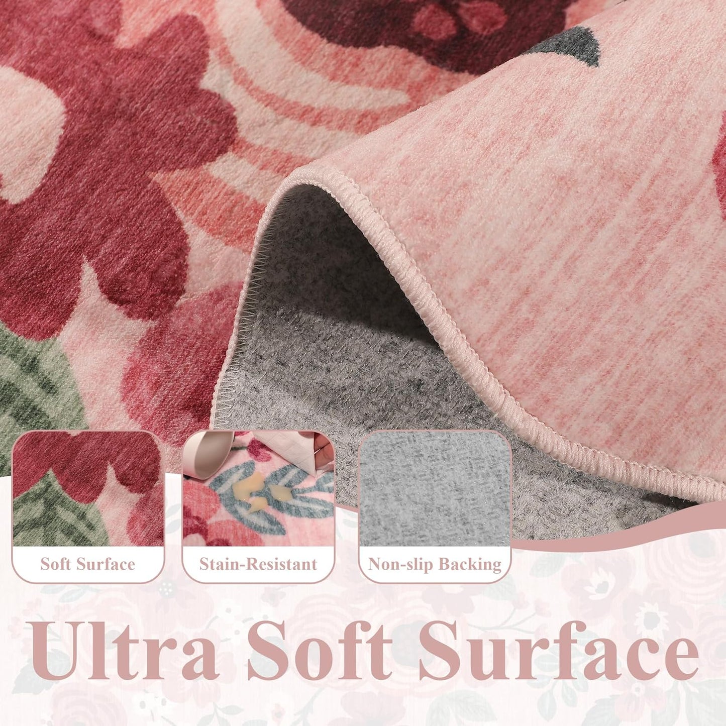 DUKINO 2x6 Runner Rug for Hallway, Washable Kitchen Rug with Non Slip Backing & Non-Shediing, Soft Low Pile Floral Design Runner for Bedroom, Kithchen, Living Room, Laundry, Bathroom, Pink