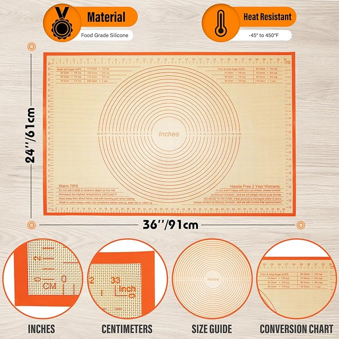 Silicone Pastry Mat 36x24 Inch Nonstick Baking Mat -Perfect for Doug, Pastry, Dough Rolling, Kneading Board, Pie Crust, Fondant, Pasta/Pizza, Kitchen Counter Mat