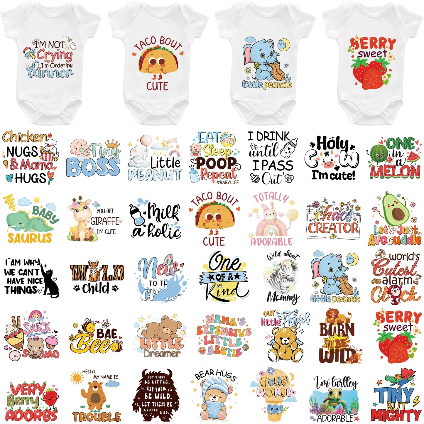 Baby Iron on Transfers, 36 PCS Onesie Decorating Kit Baby Shower, Cute Animal Heat Transfer Stickers, Gender Reveal Patch, Iron on Decals for T Shirts Hoodie Bibs Bodysuit Clothing DIY Crafts