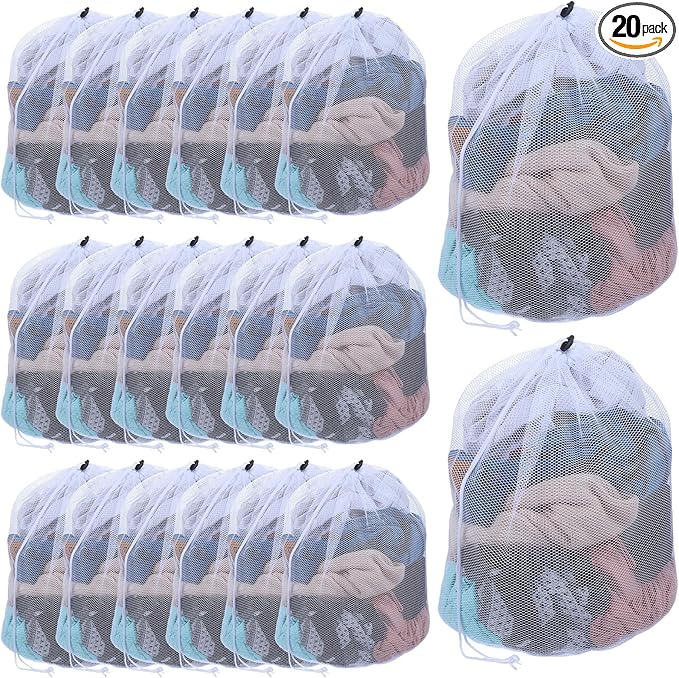 20 Pcs Mesh Laundry Bags Bulk with Drawstring 20 x 24'' Hanging Heavy Duty Medium Mesh Dry Cleaning Bag Machine Washable Large Net for Clothes,Sock,Bed Linen Dormitory Travelling Camping
