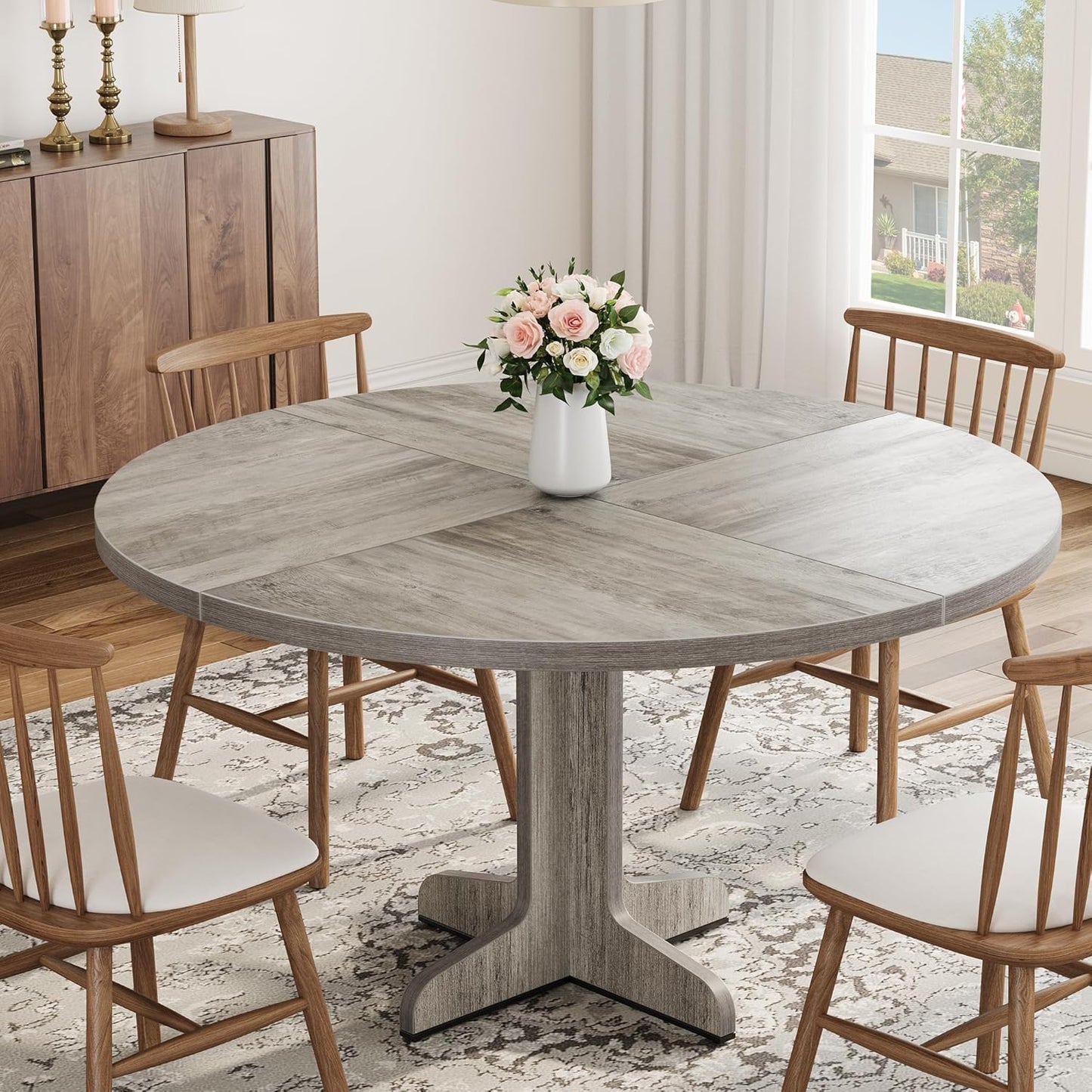 Garvee 47 Inch Round Dining Table for 4, Farmhouse Kitchen Dining Room Circle Dinner Table, Kitchen Dining Room Furniture, Grey (Table Only)