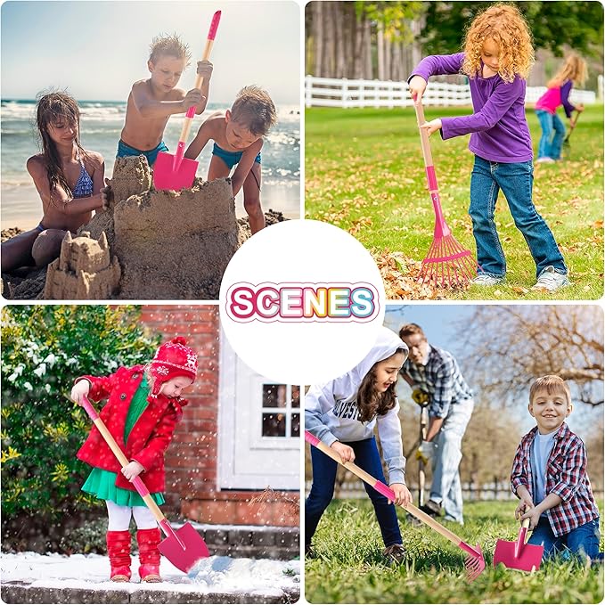 Duckura Kids Gardening Tools Set - 7pcs Wheelbarrow Set for Kids with Shovel, Rake, Leaf Rake, Summer Outdoor Yard Digging Weed Toys, Easter Birthday Gifts for Boys Girls Age 2 3+ Years Old(Pink)