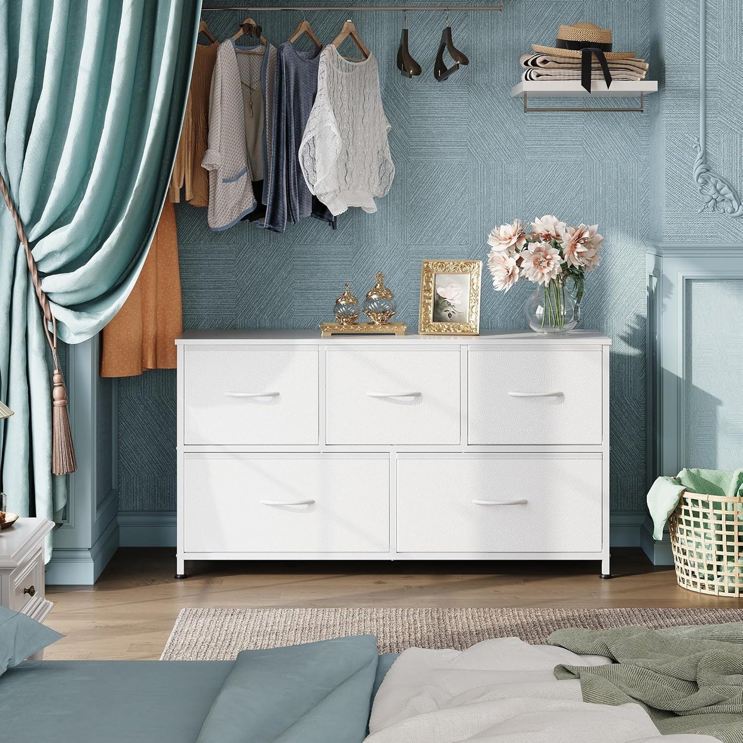 WLIVE Dresser for Bedroom with 5 Drawers, Wide Chest of Drawers, Fabric Dresser, Storage Organization Unit with Fabric Bins for Closet, Living Room, Hallway, White