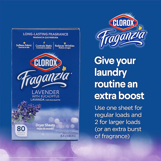 Clorox Fraganzia Fabric Softener Dryer Sheets, Lavender Scent - Wrinkle Reducing Scented Softening Laundry Dryer Sheets for Great Smelling Clothes, 80 Count