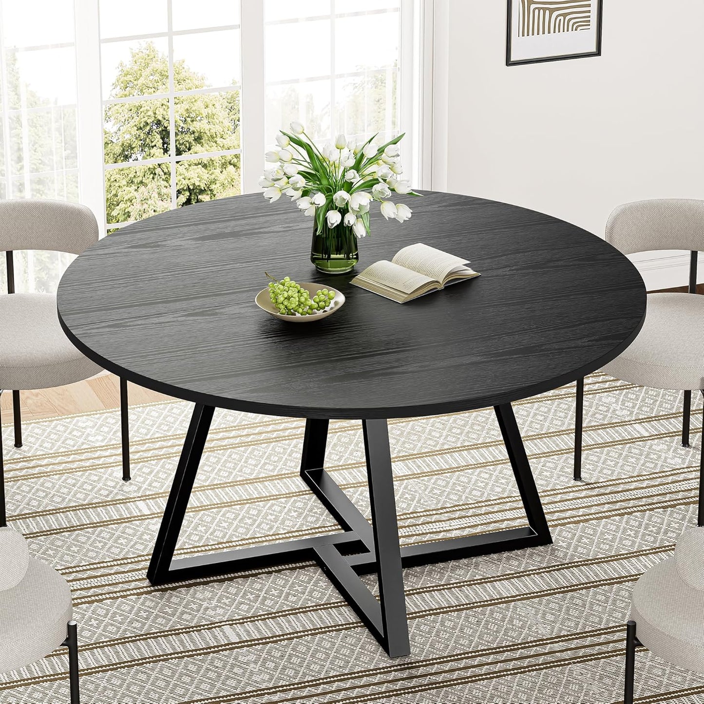 IRONCK 51" Round Dining Table for 6, Wood Kitchen Table with Metal Base, Space Saving Industrial Circle Dinner Table for Kitchen Dining Room, Black