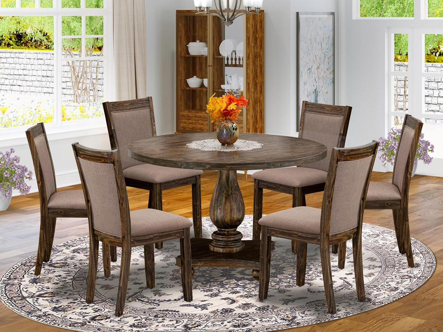 East West Furniture I2MZ7-748 7 Piece Modern Dining Table Set Consist of a Round Wooden Table with Pedestal and 6 Coffee Linen Fabric Upholstered Chairs, 48x48 Inch, Distressed Jacobean