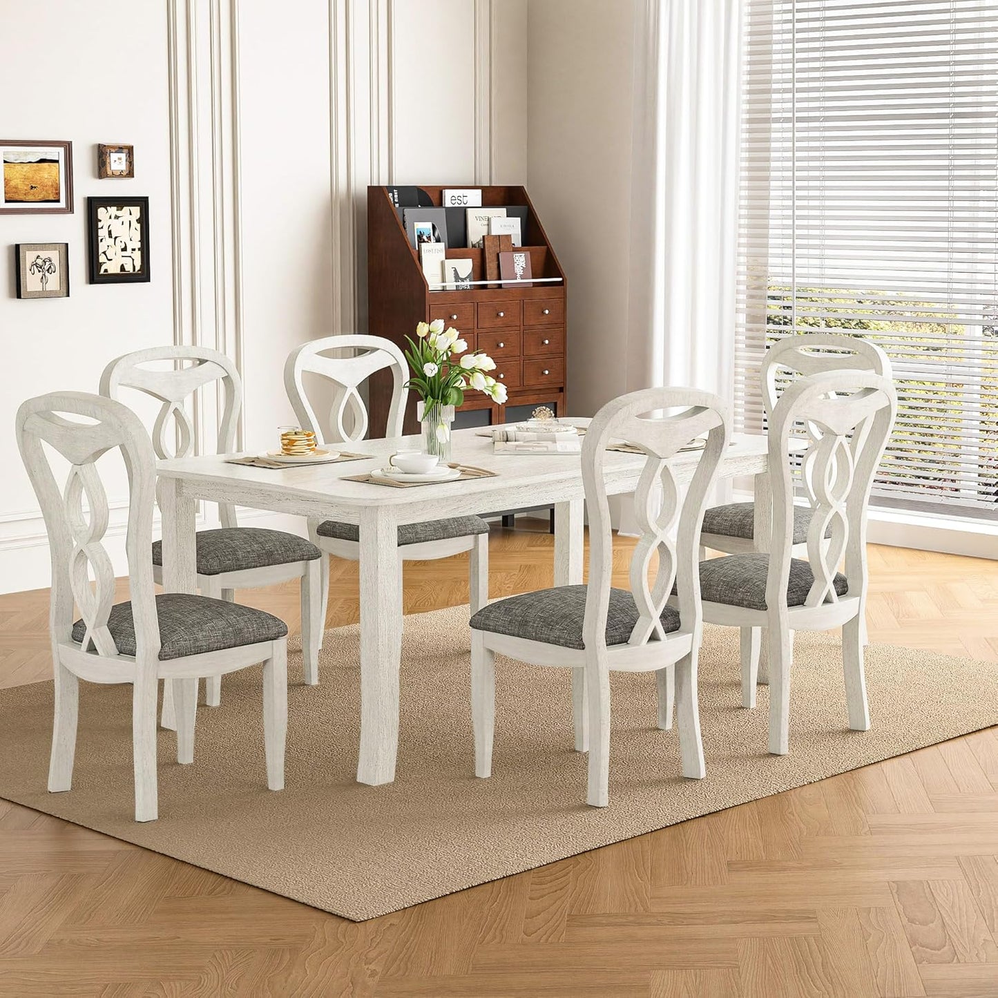 7-Piece Solid Wood Dining Table Set with 6 Upholstered Chairs - Easy Assembly Modern Design for Kitchen & Small Spaces, Durable Wooden Table and Chairs for Dining Room, Kitchen, Light Grey