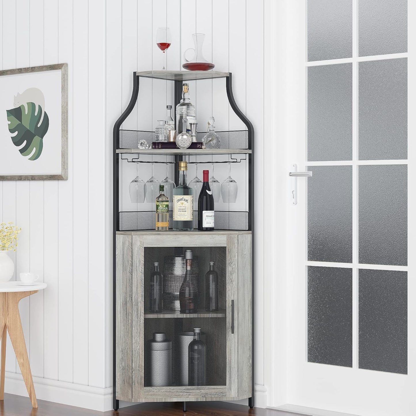 GarveeHome Corner Wine Cabinet with Detachable Wine Rack, 5-Tier Industrial Corner Bar Cabinet with Barn Door and Glass Holder, Farmhouse Buffet Cabinet and Home Bar, Grey