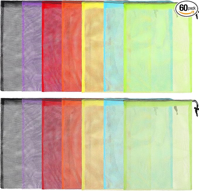 Mesh Drawstring Bags 60pcs Multicolor Nylon Mesh Laundry Bags Gym Travel Beach Storage Bags