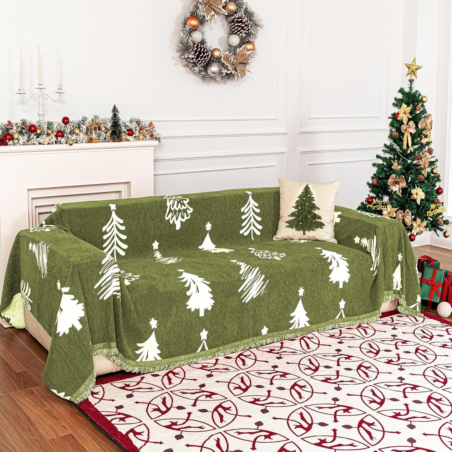 MYSKY HOME 71"X102" Chair Christmas Couch Cover, Sectional Sofa Covers Sofa Slipcover for 1 Cushion Couch, L Shape Couch Covers for Dogs, Kids, Washable Sofa Blanket, Furniture Protector, Green