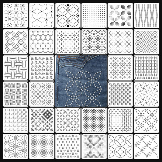 Eikovia 32-Piece Sashiko Stencil Kit, 5.1x5.1inch Reusable PET Plastic Templates for Embroidery & Quilting Patterns