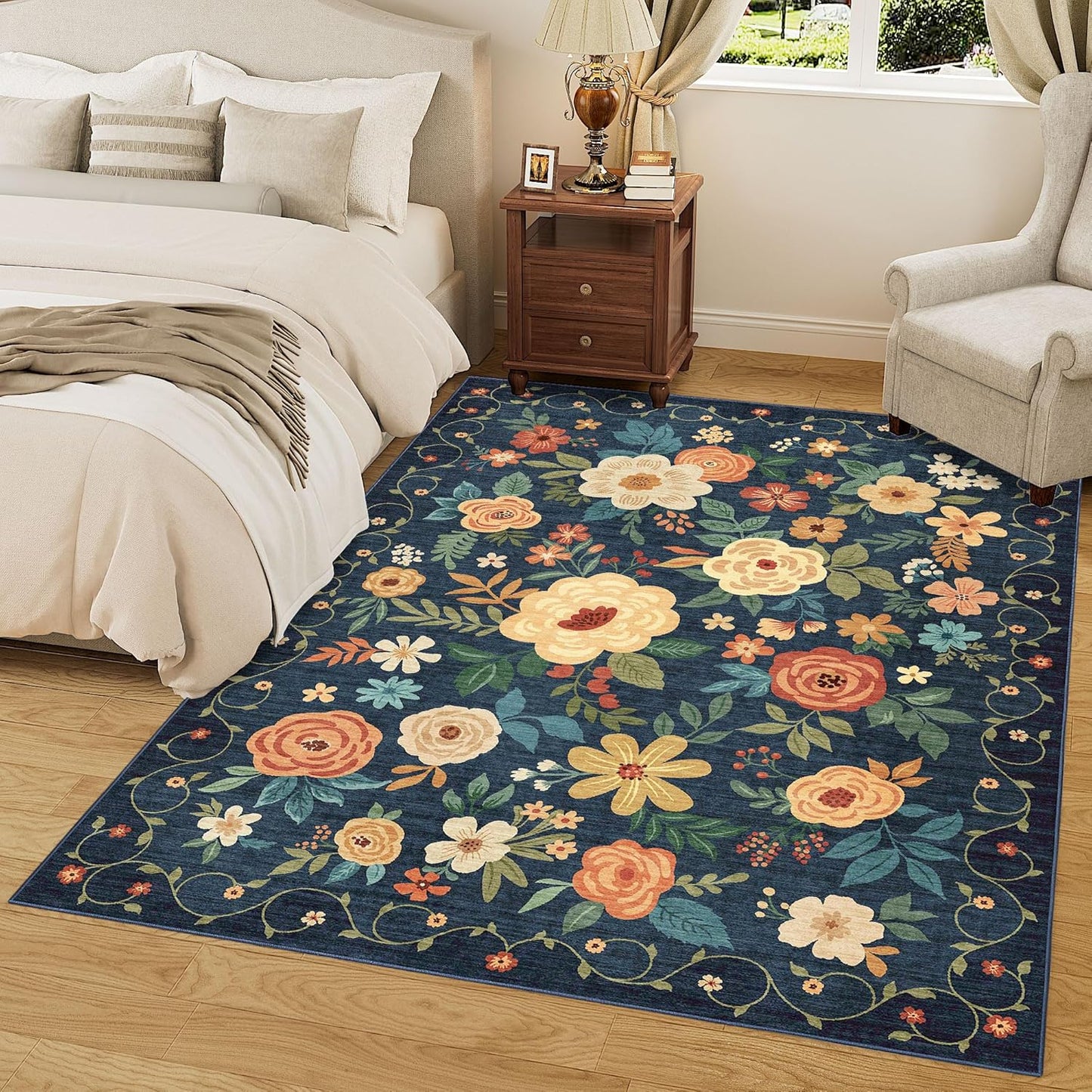 DUKINO 9x12 Area Rug, Floral Rugs for Living Room, Lightweight Non Slip Washable Rug, Indoor Low Pile & Non-Shedding Boho Design Rugs for Bedroom, Living Room, Dining Room, Dark Blue