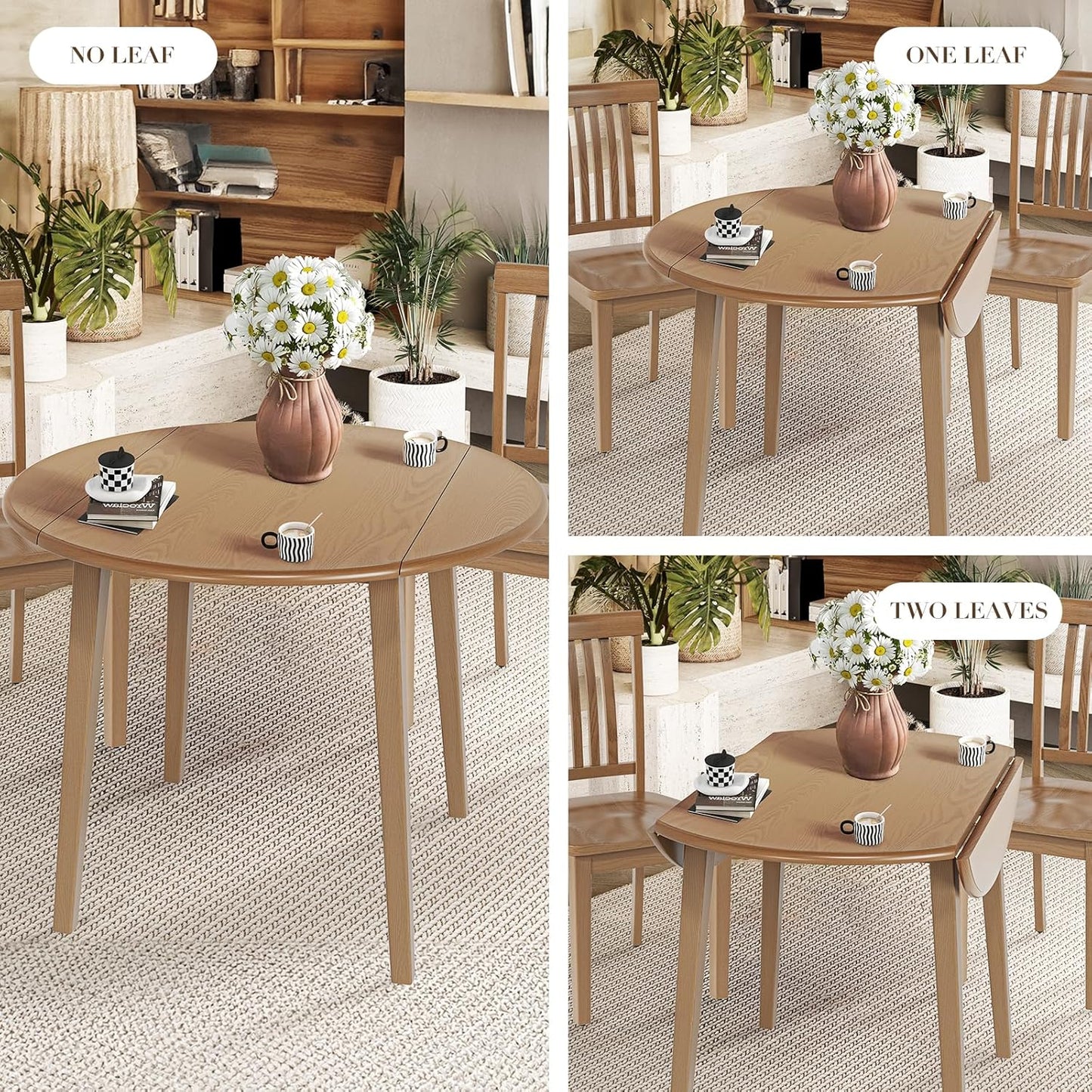 COLAMY 3-Piece Extendable Dining Table Set for 2, 36" Kitchen Round Wood Table with 2 Nailhead Dining Room Chairs,Light Brown/White&Grey Flower
