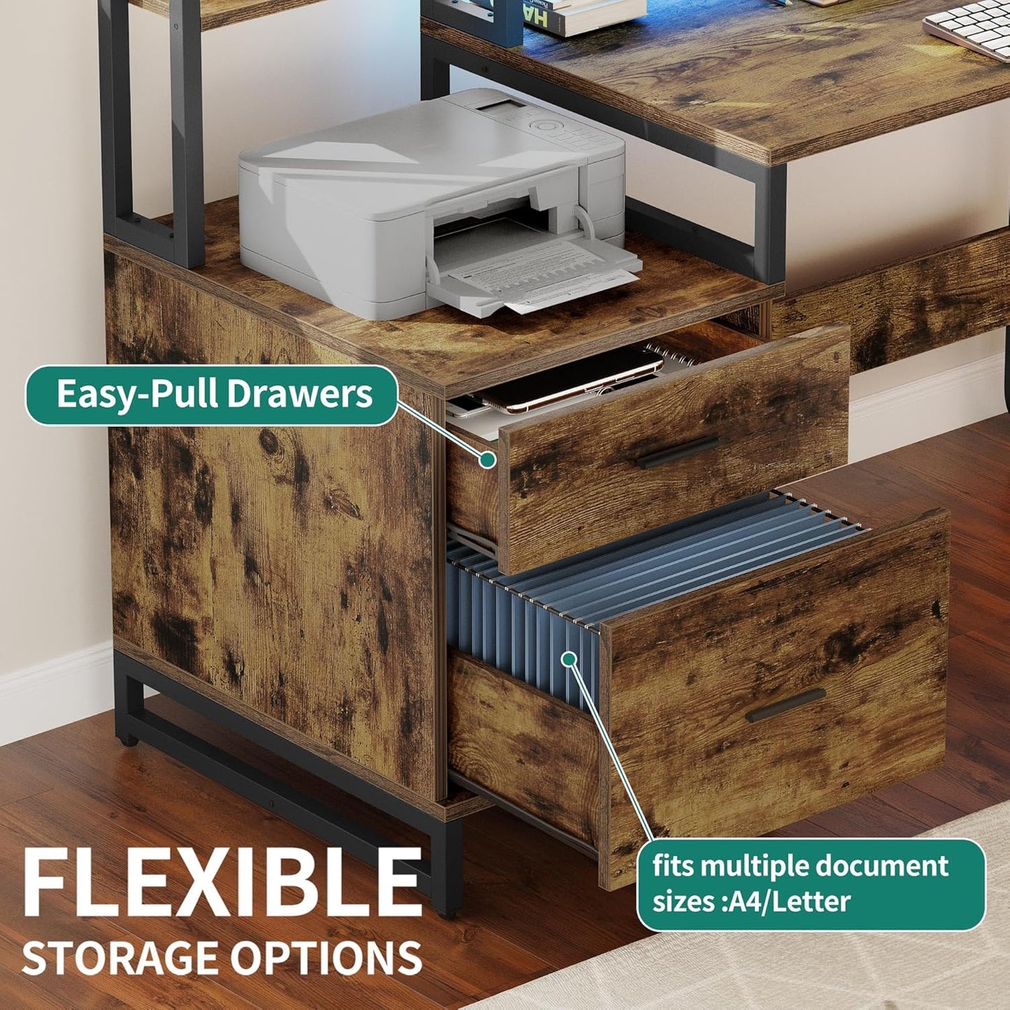 DWVO L Shaped Desk with Drawers, Reversible Computer Desk with Power Outlets, Corner Office Desk with Storage Shelves & LED Lights & Printer Stand, Rustic Brown
