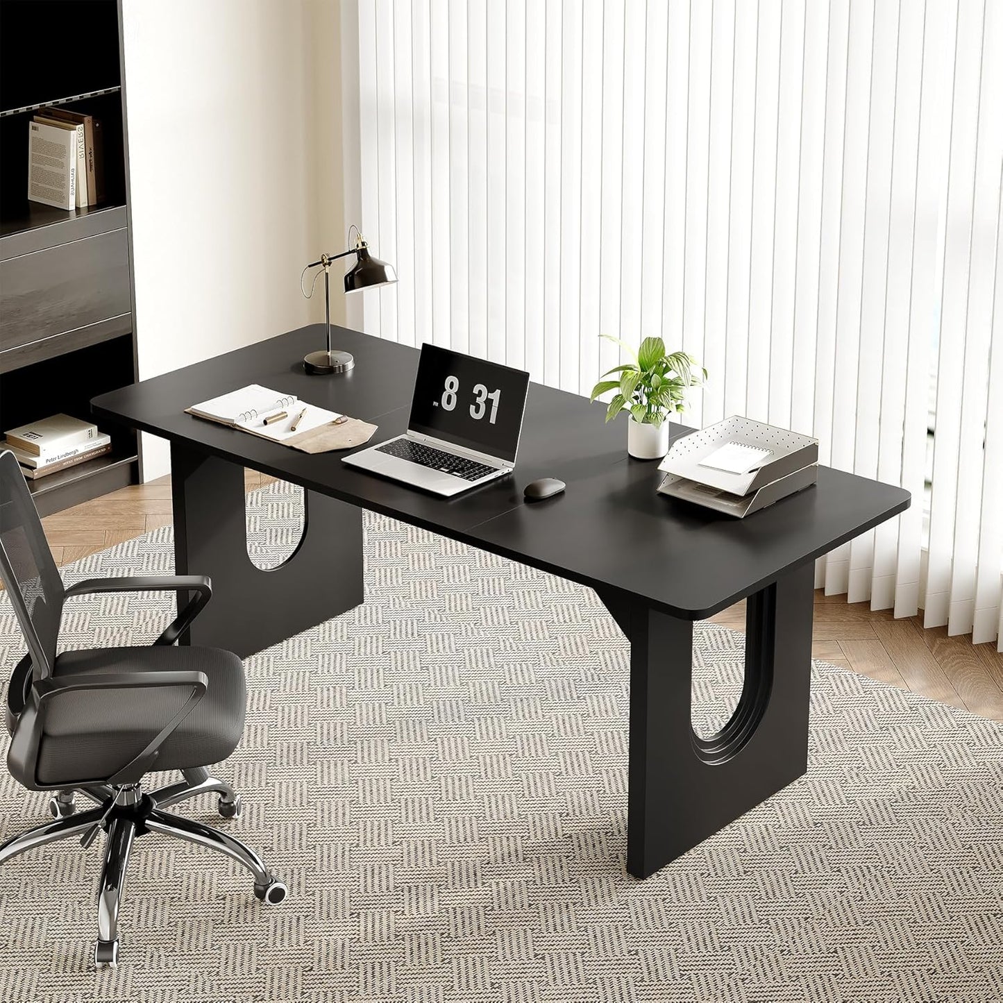 LITTLE TREE 70.8-Inch Home Office Desk, White Computer Desk with Storage, Study Writing Work Desk for Home Office, Spacious Modern Simple Desk, Black