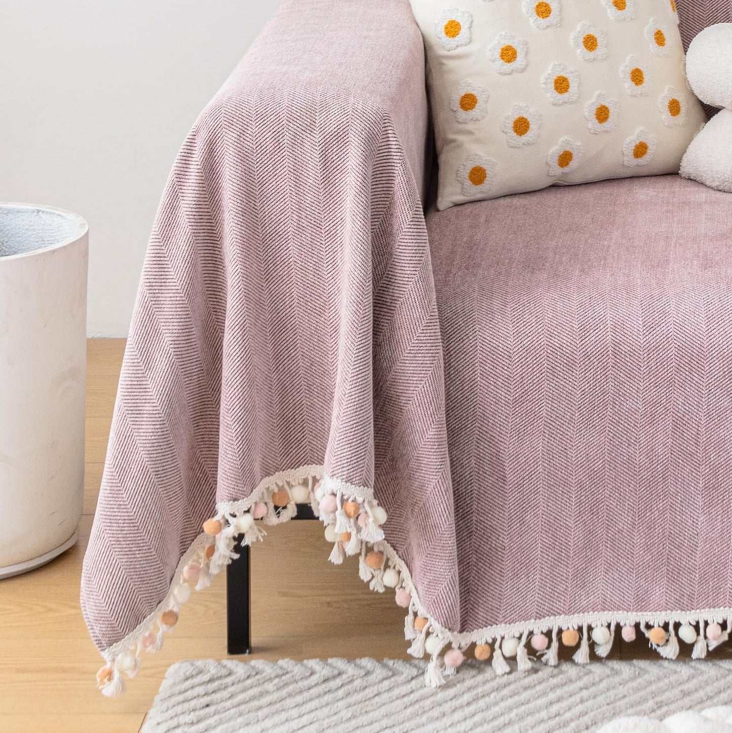 HANDONTIME Soild Couch Covers for Dogs Pink-Purple Sofa Covers Boho Cover for Sofa 3 Seats Chenille Sofa Throw Cover Mauve Sofa Covers for 3 Cushion Couch Tassel, Washable, Pet Friendly, 71" X118"