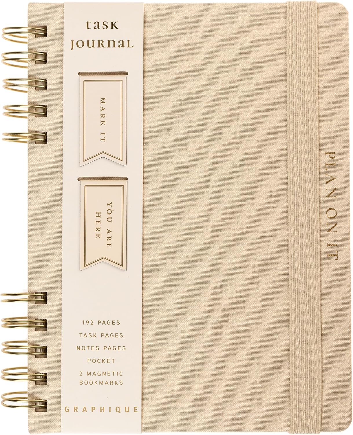 Daily Task Journal by Graphique Luxe Collection, Fabric-Wrapped Hardcover Spiral Notebook for Planning & Writing, Priority List Planner with Magnetic Bookmarks & Gold Foil Embossing,192 Pages, 6” x 8”, Taupe