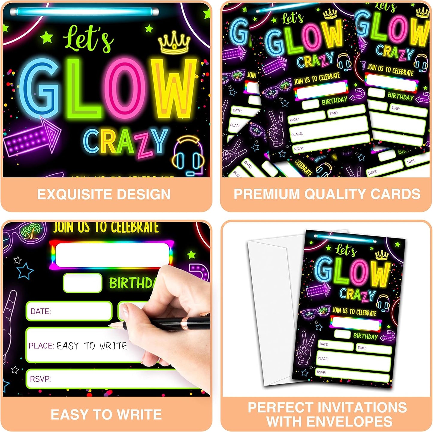 Neon Glow Invitation Birthday Party Invitations, 20-Count Let's Glow Crazy Theme Birthday Party Invites With Envelopes-HBYQK-B02
