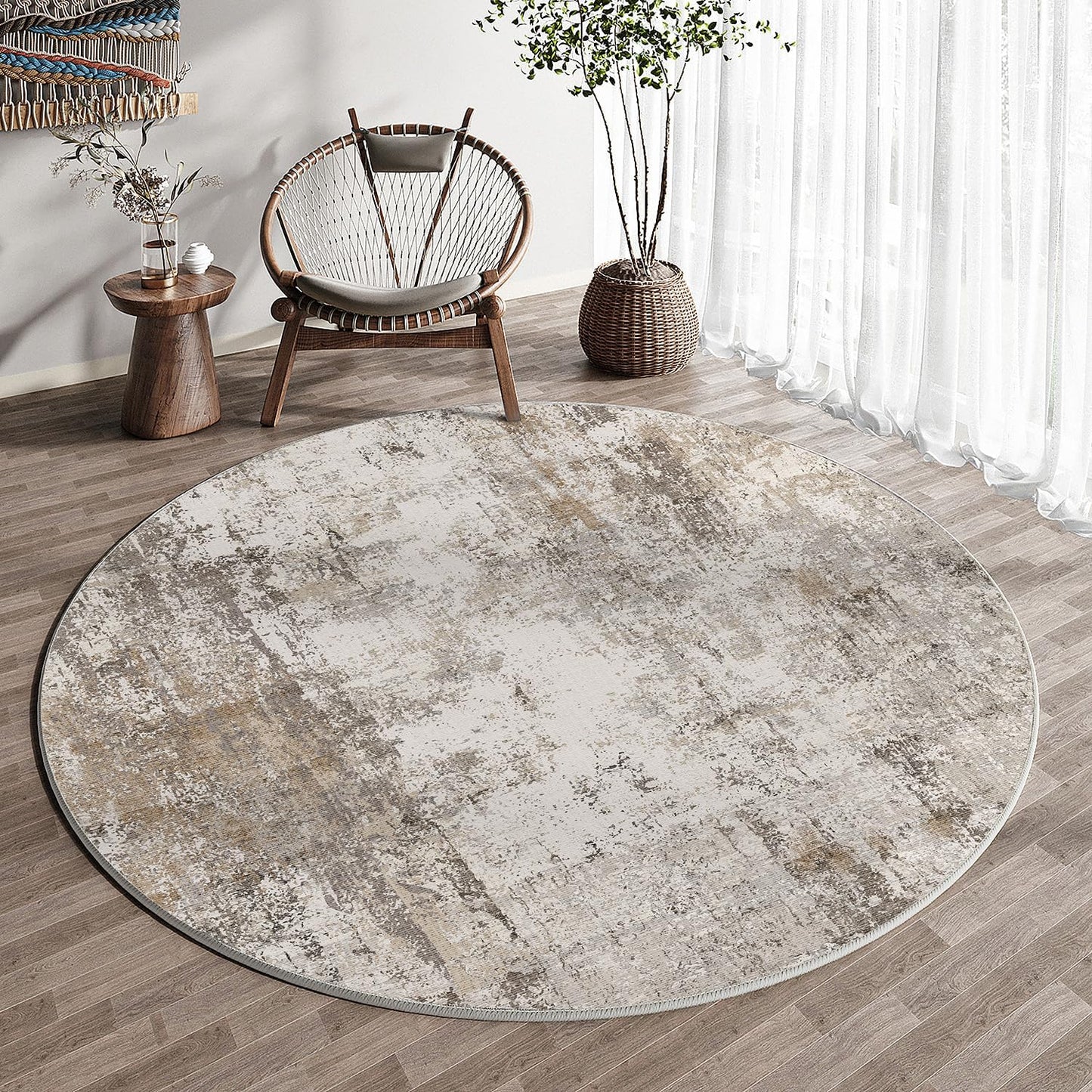 8x8 Washable Round Rug Brown Grey Neutral Abstract Living Room Bedroom Large Area Rug Non Slip Soft Low Pile Indoor Floor Carpet for Dining Room Kitchen Office Entryway