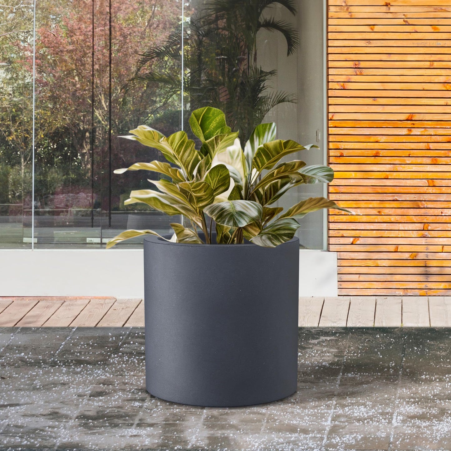 Kante 12.6" Dia Round Concrete Planter, Modern Style Large Cylindrical Plant Pot with Drainage Hole and Rubber Plug for Indoor Outdoor Patio, Charcoal