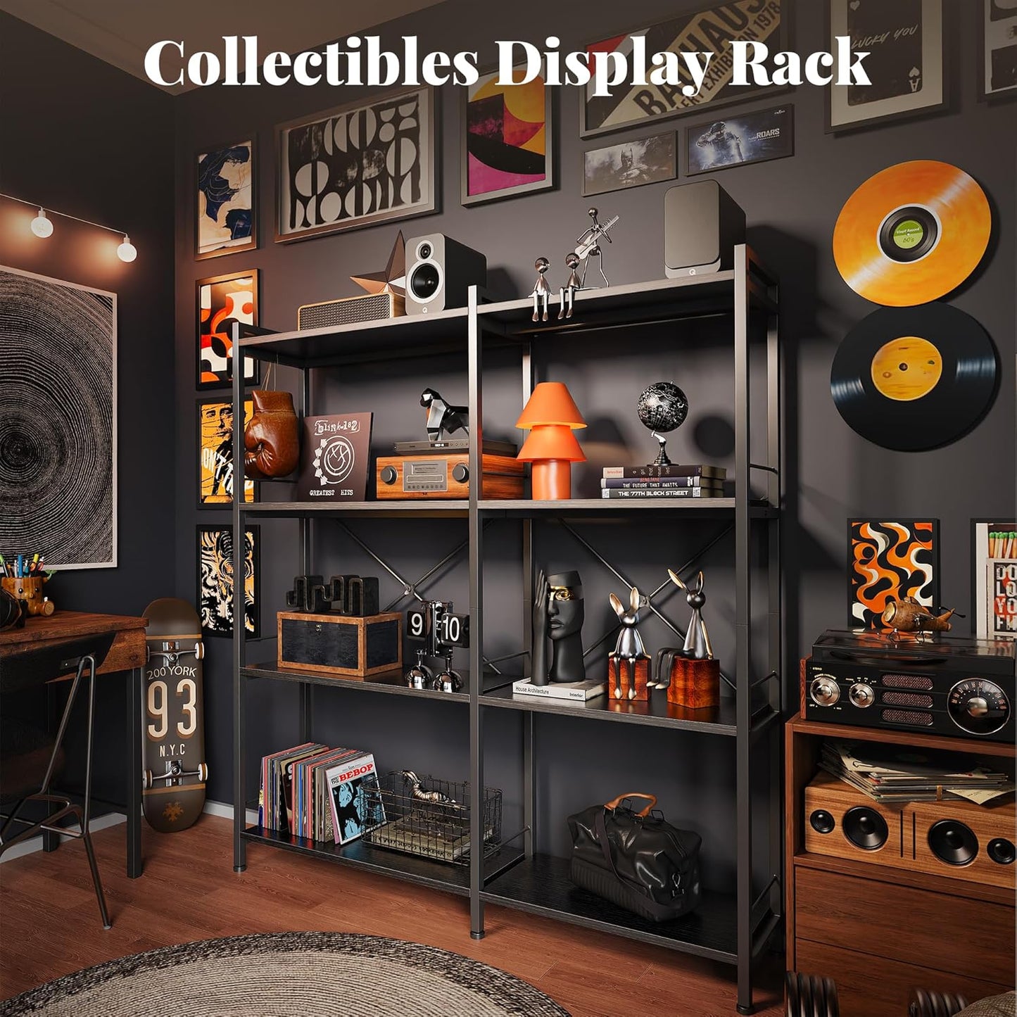 Huuger 4 Tier Bookshelf, L Shaped Corner Bookshelf with 8 Open Shelves, 49.4 Inch Straight Wide Bookcase with Metal Frame and Wooden Board, Adjustable Feet, Black