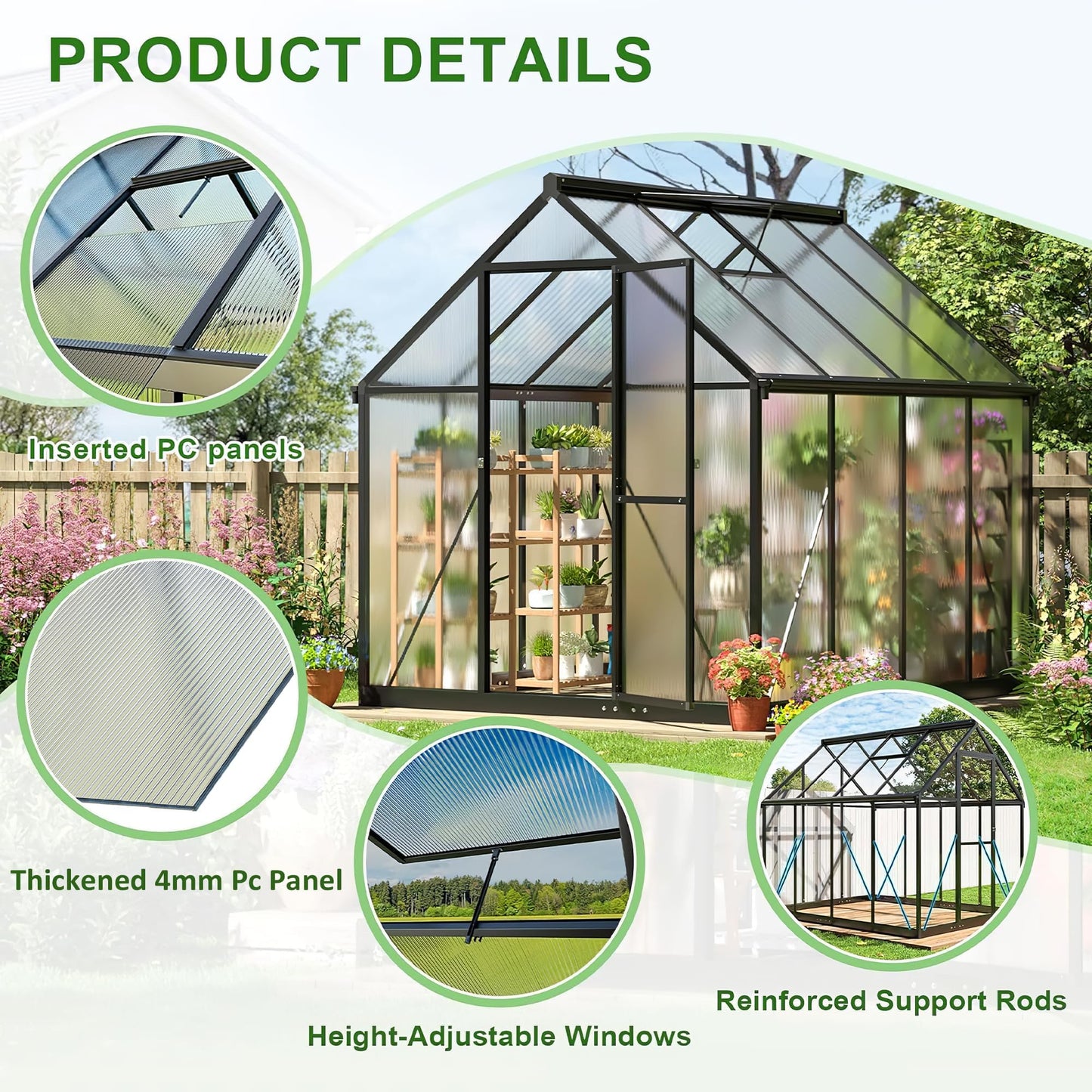 Polar Aurora 10X16 FT Greenhouse, Polycarbonate, Aluminum Frame, Manual Closure, Black