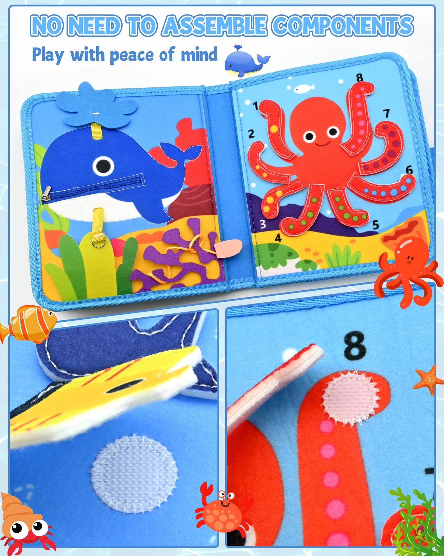 Meafeng Ocean Busy Book for Toddlers 1-3 - Montessori Learning Toy with Sea Animals & Life Skills, Travel Quiet Book for 1 2 3 Year Old Boys Girls, Educational Toddler Toy for Car & Airplane Travel