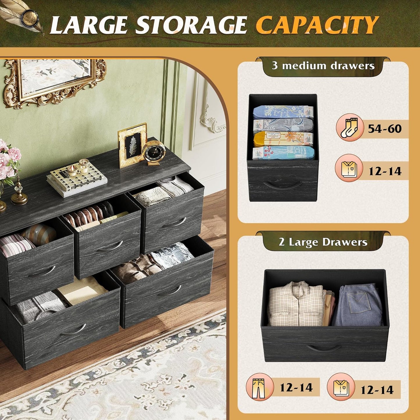 WLIVE Dresser for Bedroom with 5 Drawers, Long Storage Dresser, Fabric Dressers, Storage Drawer Unit with Fabric Bins for Closet, Hallway, Charcoal Black Wood Grain Print, Size L