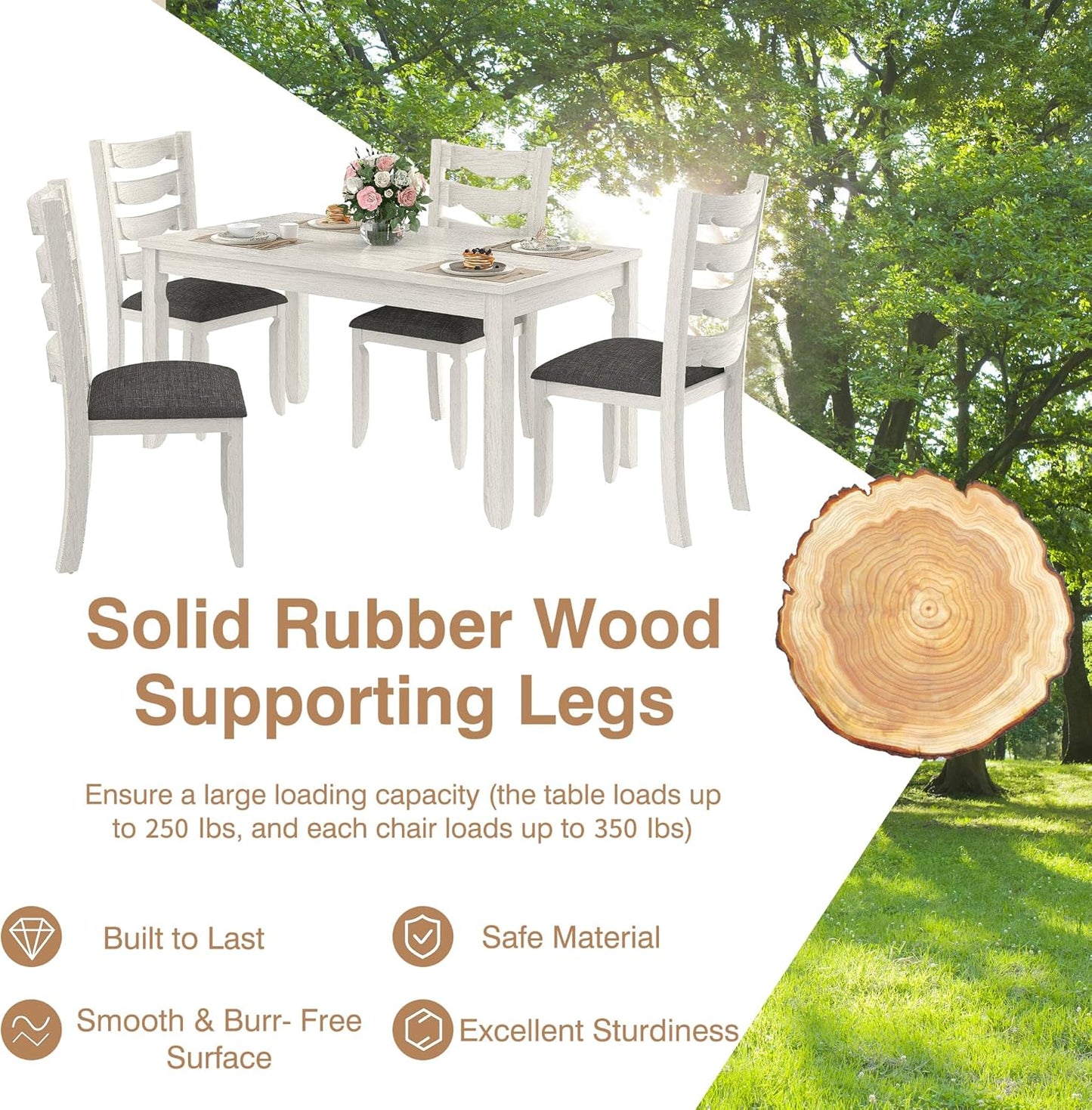 Solid Wood Dining Chair Set of 6, Kitchen Dining Room Chair with Upholstered Cushion & Wooden Legs, Modern Wood Side Chairs for for Kitchen, Washed Gray
