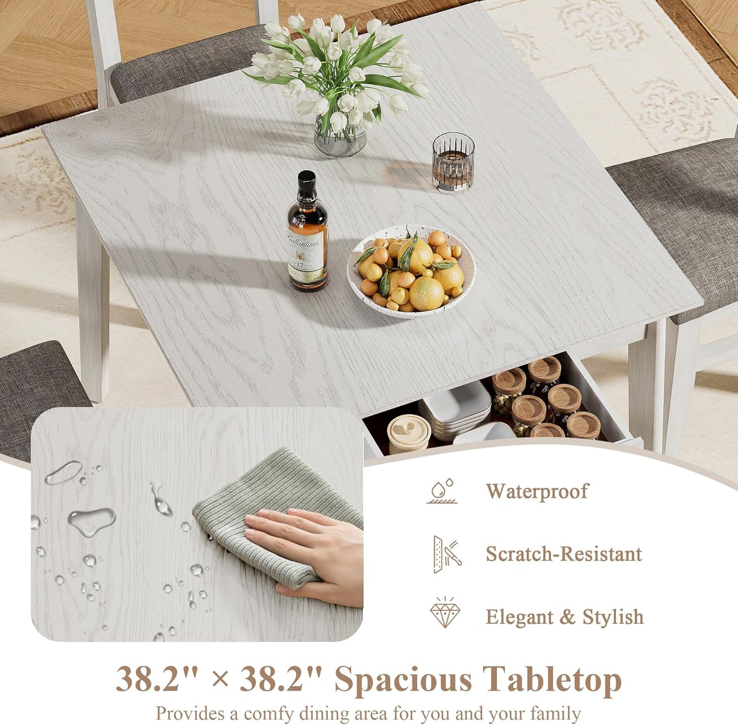 5-Piece Square Dining Table Set for 4, 38.2'' Solid Wood Kitchen Table with 4 Upholstered Chairs & 2 Drawers for Dining Room, Kitchen, Small Space, Washed Gray