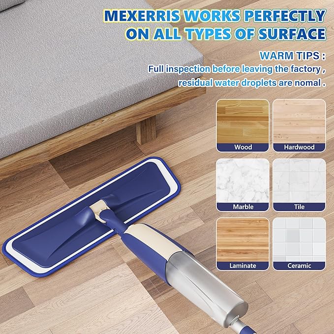 Spray Mops for Hardwood Floor Cleaning - MEXERRIS Wet Mops Dry Dust Mop with 3 Washable Mopping Pads- Flat Mop with Sprayer Home Commercial Use for Wood Laminate Tile Vinyl Cement Concrete