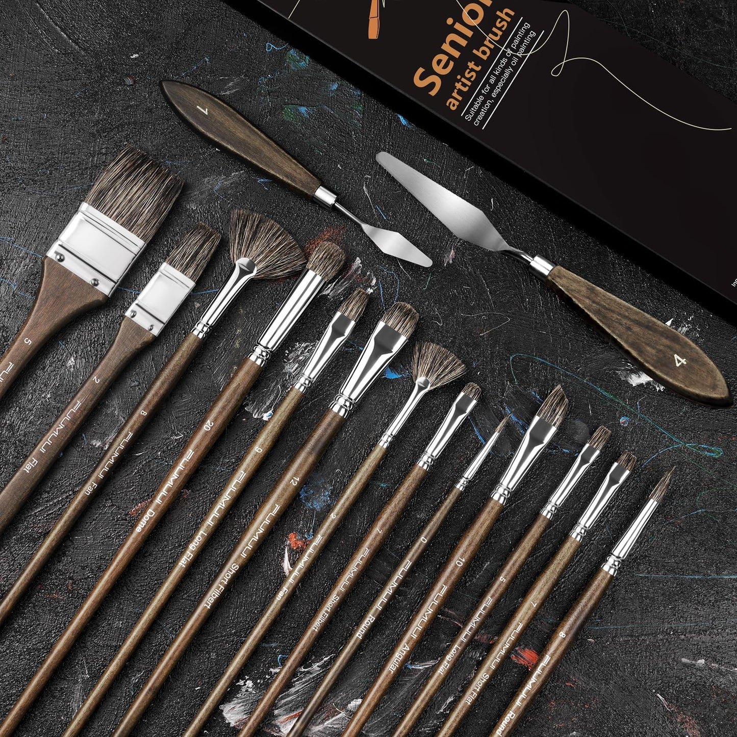Oil Paint Brush Set, 15Pcs Fuumuui Professional Paint Blending Brushes Natural Badger Bristle with Flat, Fan, Angle, Round, Filbert for Acrylic Oil Painting with 2pc Palette Knife