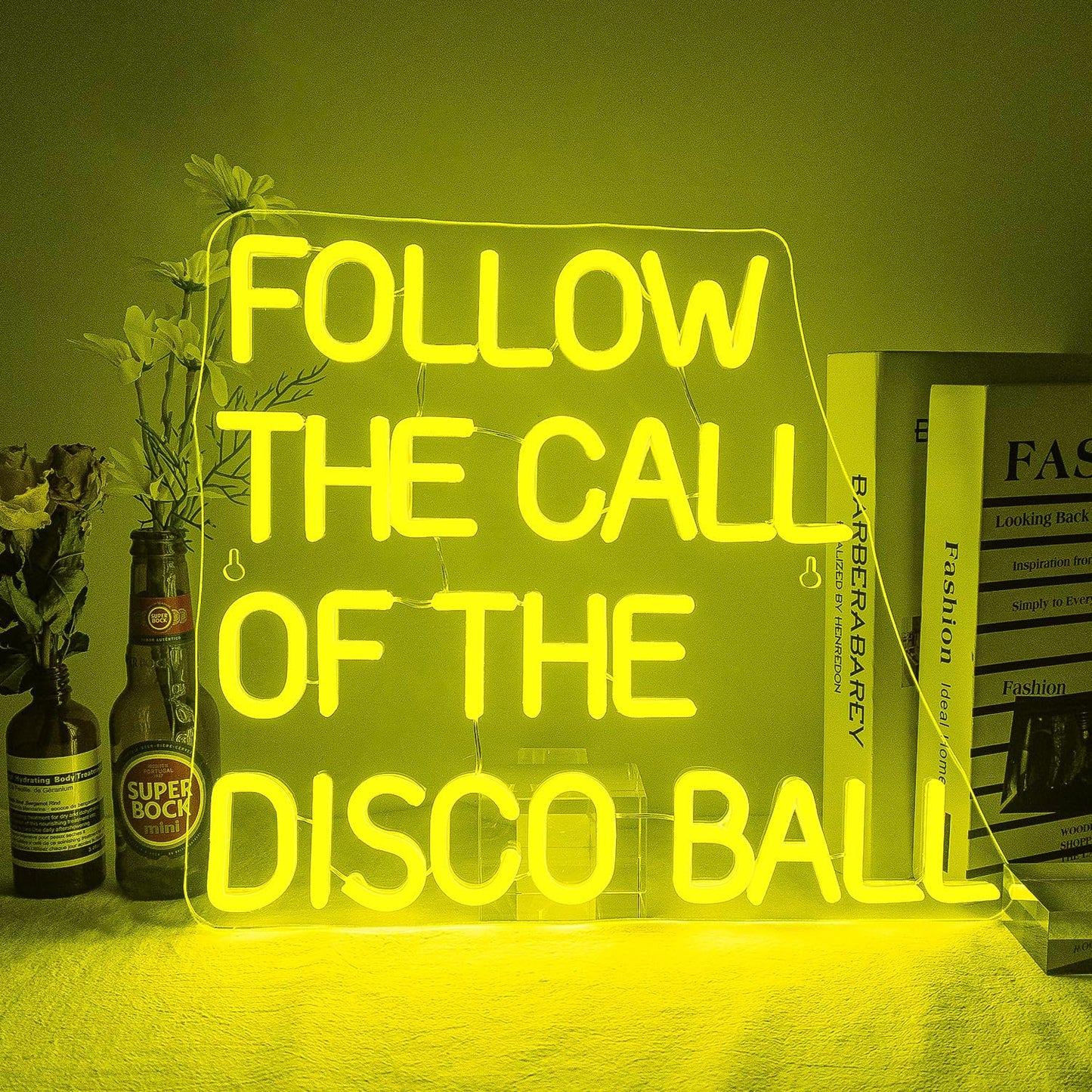 NOSUN Follow The Call of The Disco Ball Neon Sign,Neon Signs for Wall Decor Yellow Neon Sign,Dimmable Disco Neon Lights for Disco Party Decor Neon Signs Letter Led Lights for Dancing Club Wall Decor