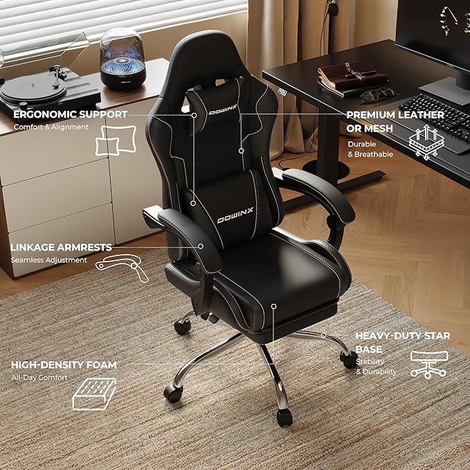 Gaming Chair with Footrest & Massage Lumbar, Ergonomic Computer Chair 330lbs with Headrest Pillow for Office, Home, Streaming and Long Gaming Sessions,Dark Black