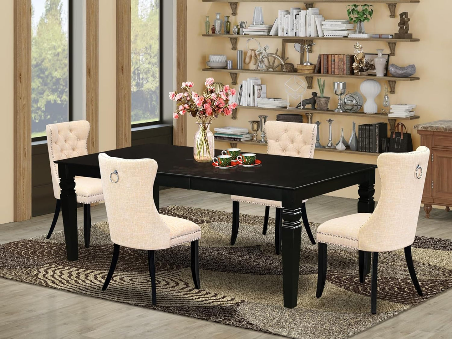 East West Furniture LGDA5-BLK-32 5 Piece Dining Set Contains a Rectangle Wooden Table with Butterfly Leaf and 4 Polyester Fabric Upholstered Chairs, 42x84 Inch, Black