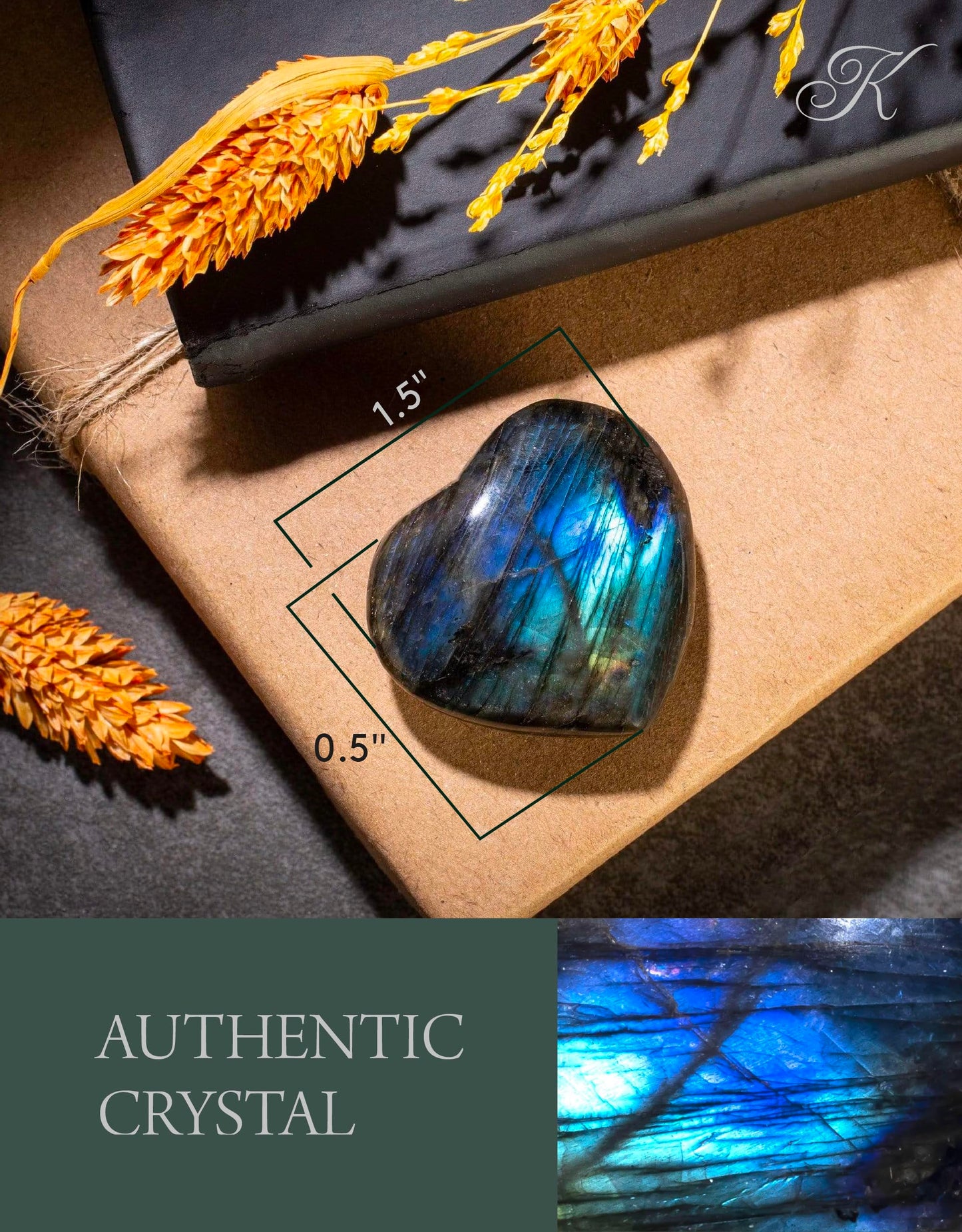 KALIFANO Labradorite Heart - Worry Stone with Healing & Calming Effects - AAA Grade High Energy Labradorita with Information Card - Reiki Crystal Carving Used for Cleansing