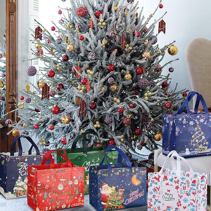 24PCS Christmas Tote Treat Non-Woven Gift Bags with Handles for Gifts Wrapping Shopping, Xmas Party Supplies, 12.8 * 9.8 * 6.7inch