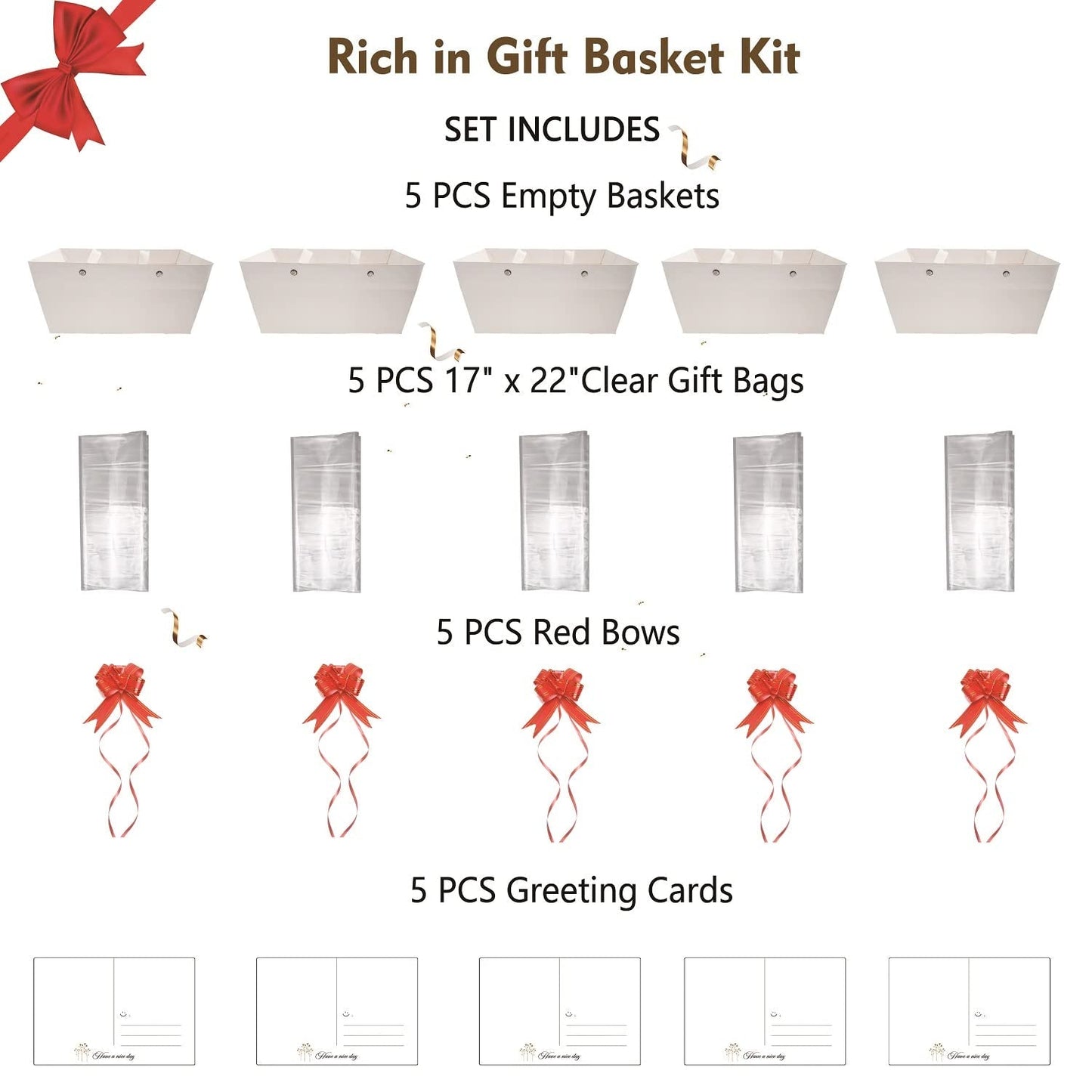 Baskets For Gifts Empty, 5 PCS White Gift Bags With Handles DIY Kit, Gift Basket Empty To Fill Bulk For Party Favors Wedding Birthday Christmas Halloween Holiday Thank You Get Well Soon
