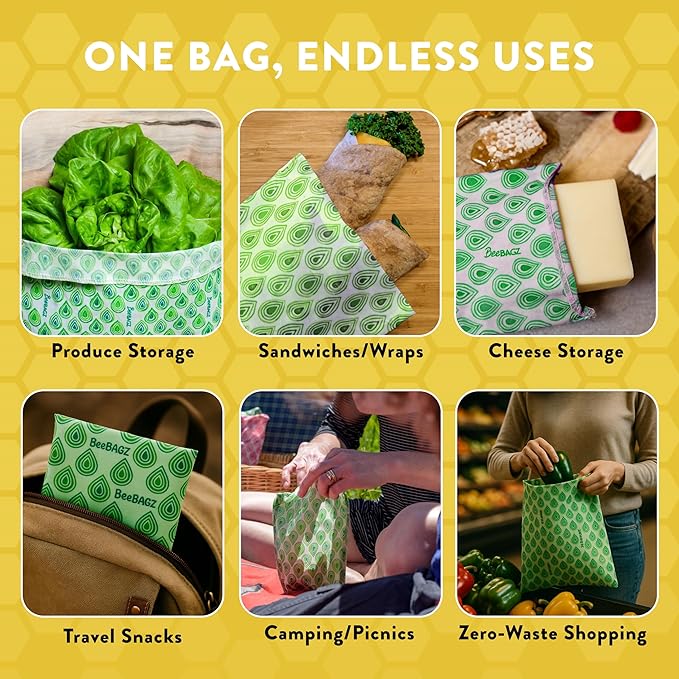 BeeBAGZ - Beeswax Wrap Storage Bag, Reusable Food Storage Bags, Pack of 3, Plastic Free Biodegradable Food Wrap Alternative, Starter Pack, 1 Small + 1 Medium + 1 Large, (Green)